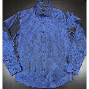Mens Barry Wang Size Medium Blue Long Sleeve Shirt Paisley Design Dress Shirt